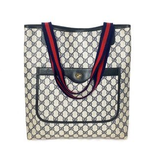 Authentic Gucci navy & grey monogram coated canvas tote bag